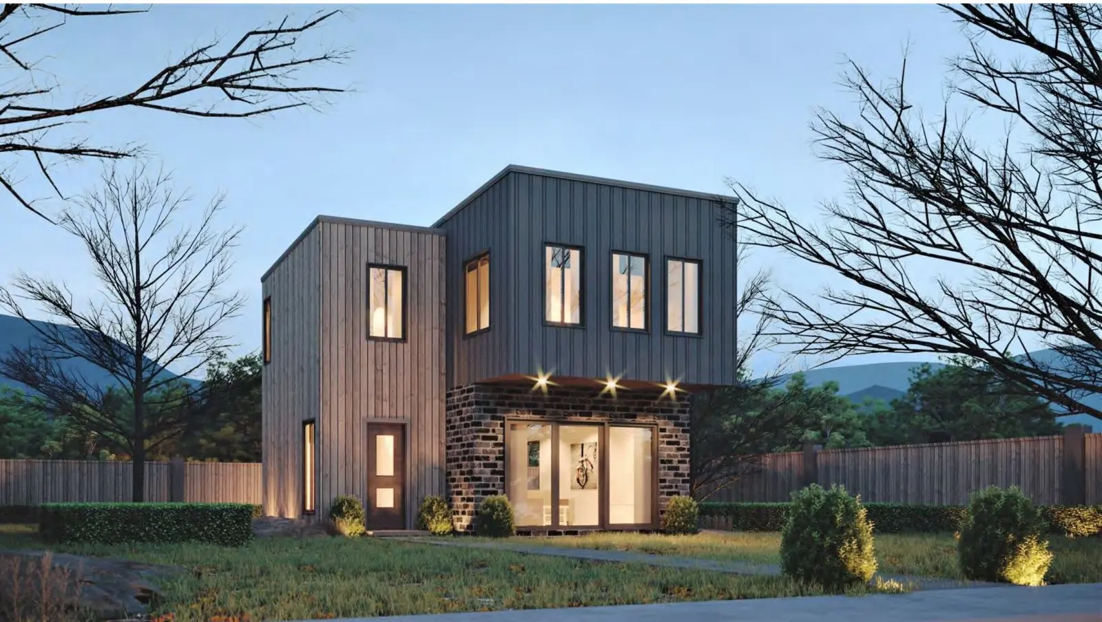 Modern modular home in Australian bushland at golden hour